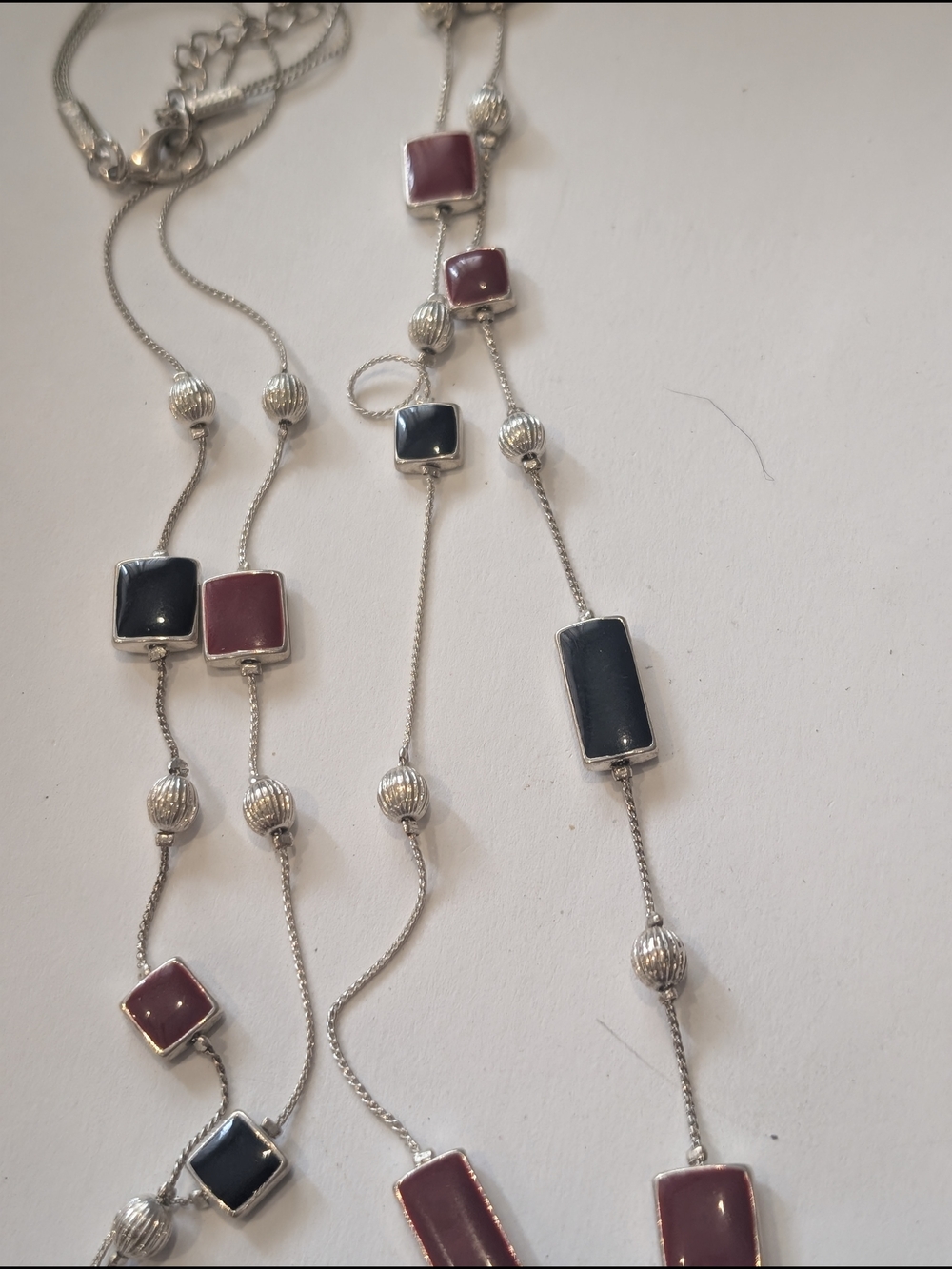 Long Silver-Tone Necklace with Burgundy and Black Rectangular Stones